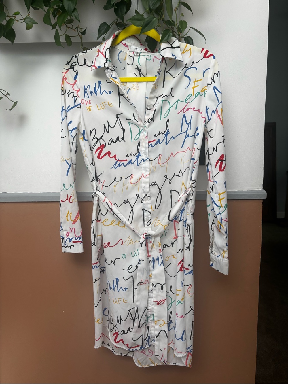 Ovi Multicolor Script Print Shirt Dress on White